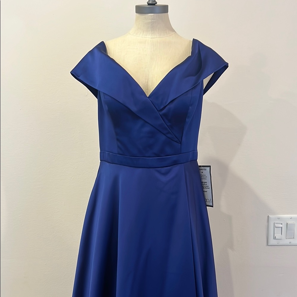 Xscape Blue Off-Shoulder A-Line Prom Dress